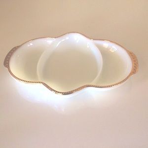 Fire King milk glass divided dish with gold leaf